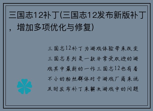 三国志12补丁(三国志12发布新版补丁，增加多项优化与修复)