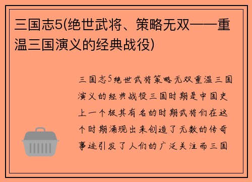 三国志5(绝世武将、策略无双——重温三国演义的经典战役)
